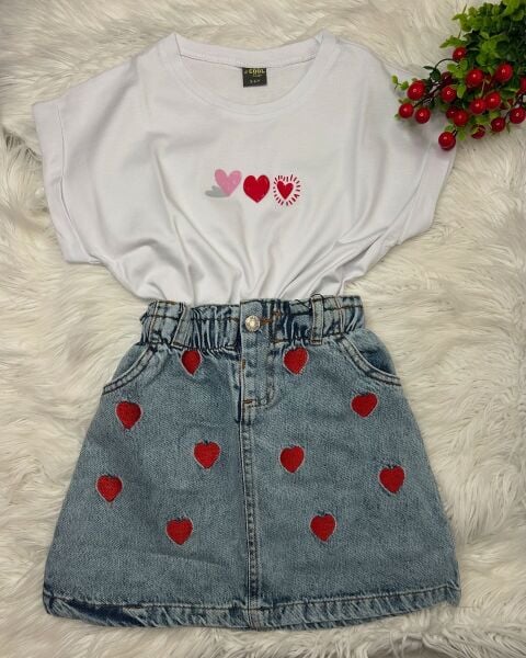 Kız Çocuk Kalpli Kot Etekli Takım