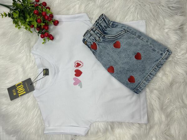 Kız Çocuk Kalpli Kot Etekli Takım