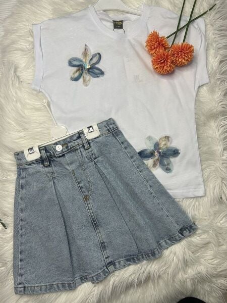 Kız Çocuk Çiçek Aplikeli Tişört ve Kot Etek Takımı