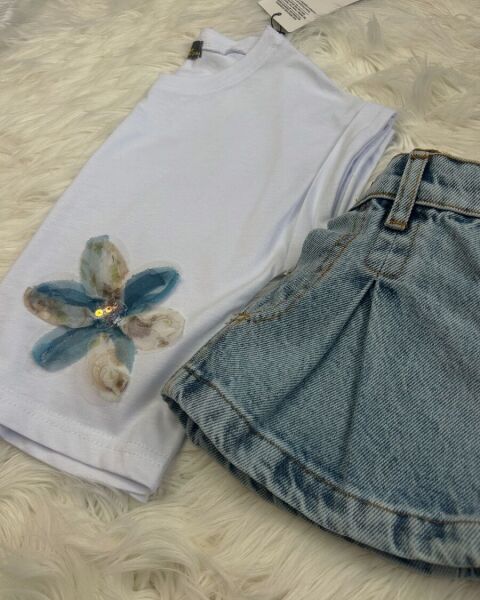 Kız Çocuk Çiçek Aplikeli Tişört ve Kot Etek Takımı