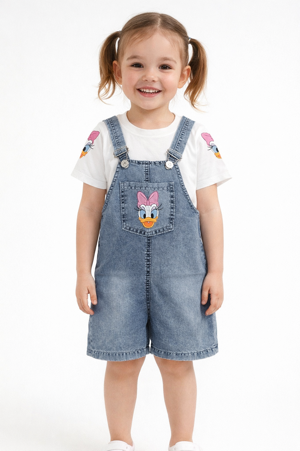 Kız Çocuk Daisy Duck Baskılı Tişört & Kot Salopet Takımı 