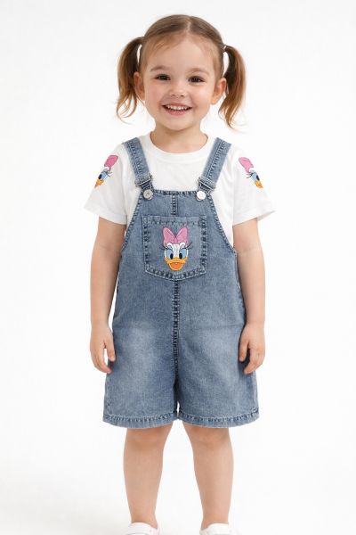 Kız Çocuk Daisy Duck Baskılı Tişört & Kot Salopet Takımı 