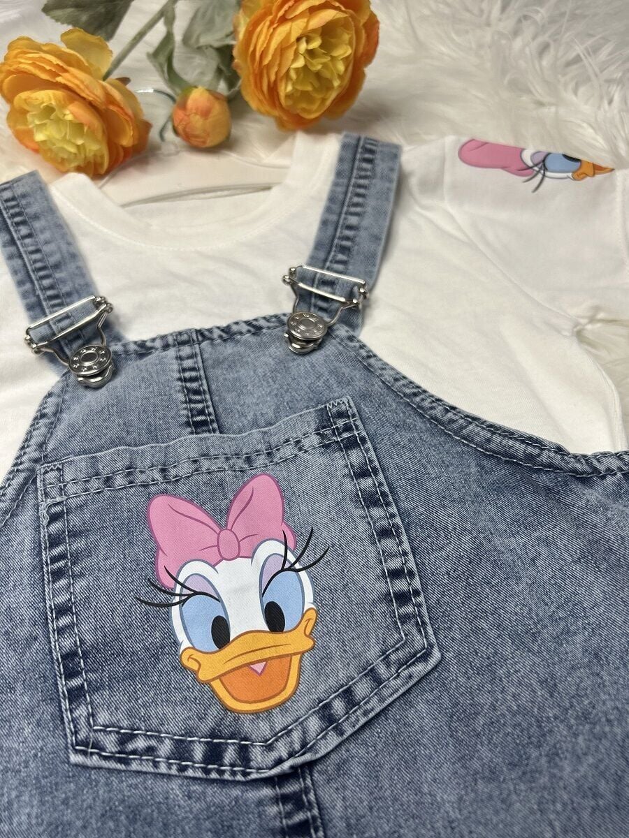 Kız Çocuk Daisy Duck Baskılı Tişört & Kot Salopet Takımı 