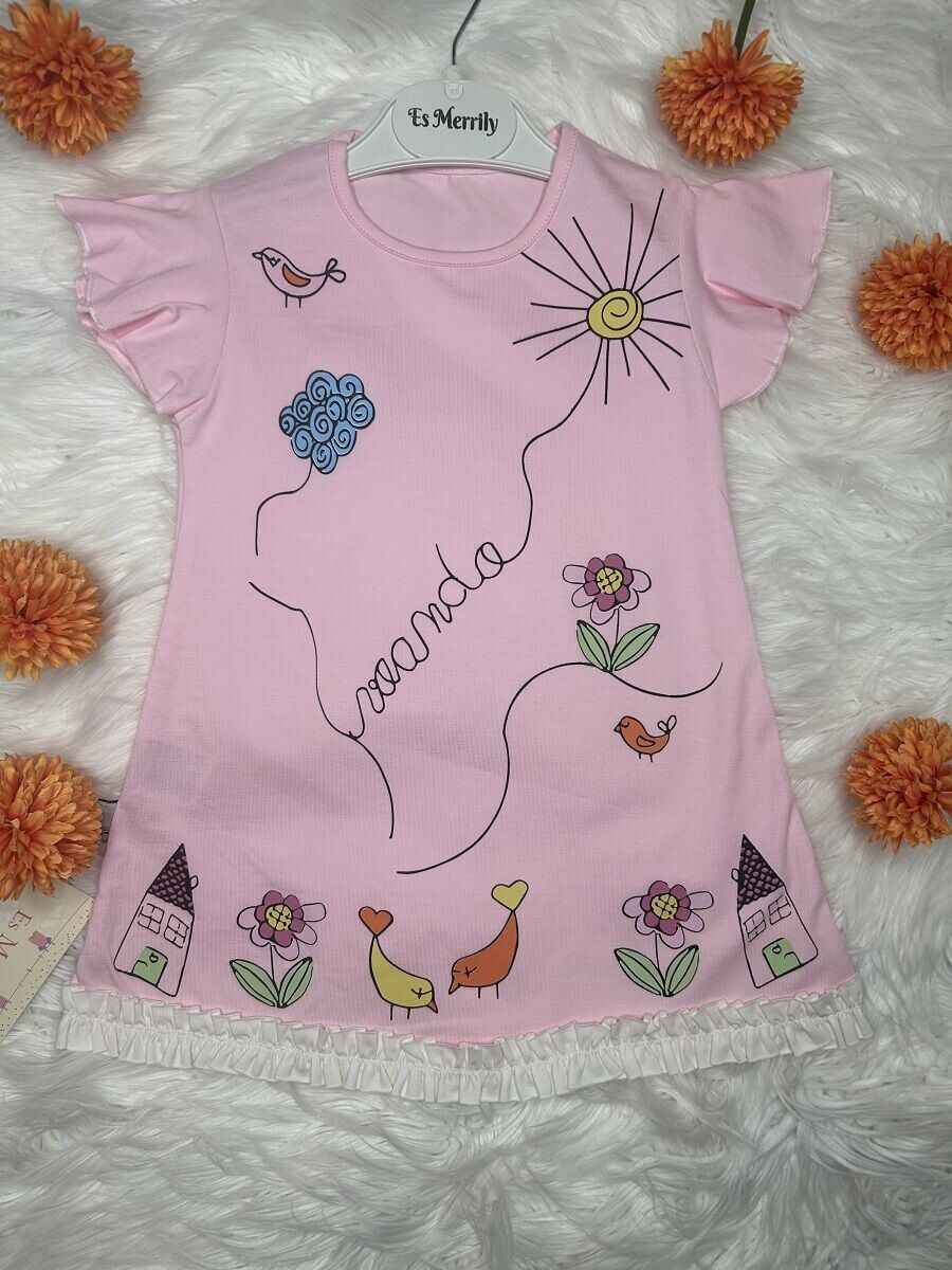 Renkli Doğa Temalı Pembe Kız Çocuk Elbisesi