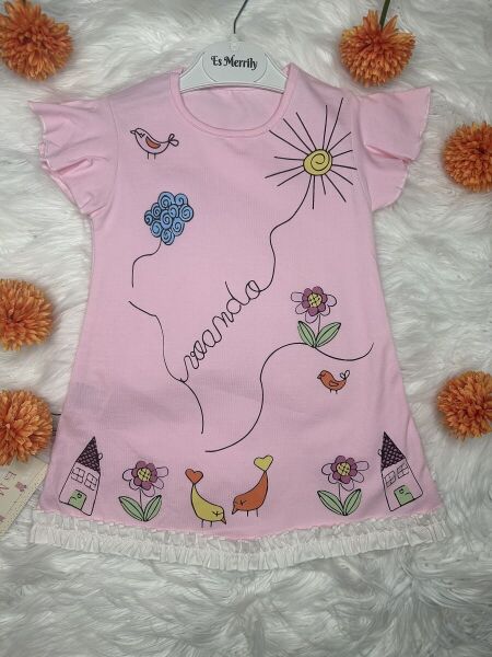 Renkli Doğa Temalı Pembe Kız Çocuk Elbisesi