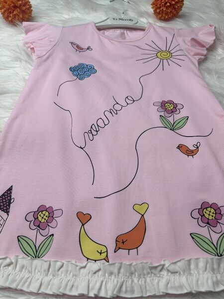 Renkli Doğa Temalı Pembe Kız Çocuk Elbisesi