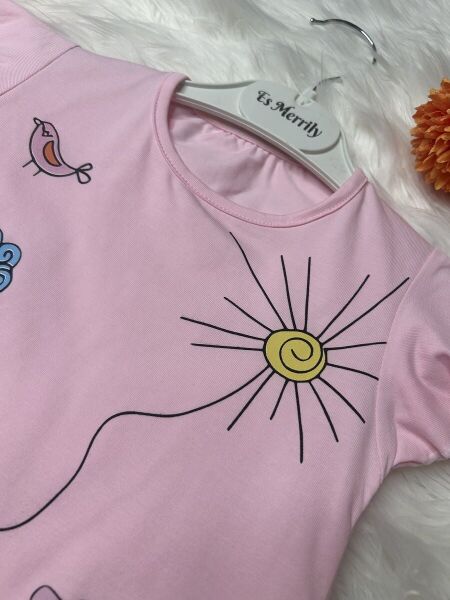 Renkli Doğa Temalı Pembe Kız Çocuk Elbisesi