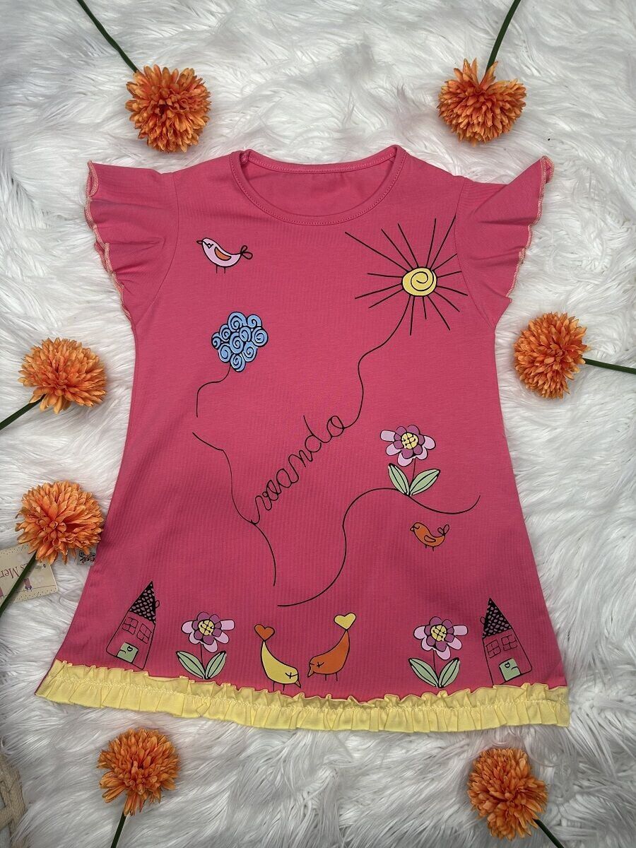 Renkli Doğa Temalı Pembe Kız Çocuk Elbisesi