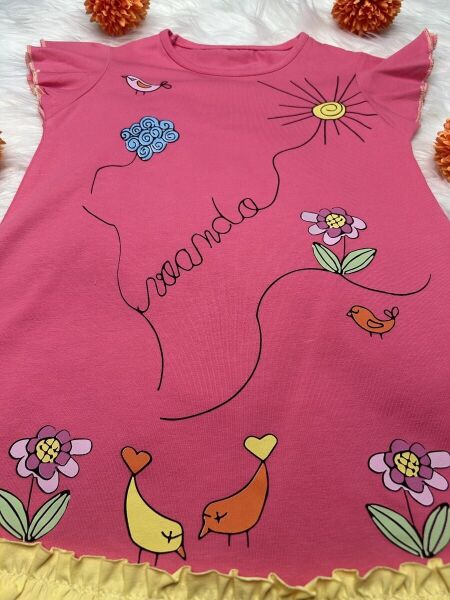Renkli Doğa Temalı Pembe Kız Çocuk Elbisesi