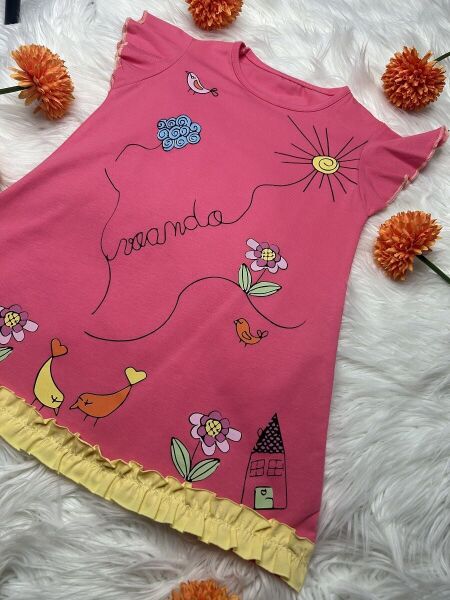 Renkli Doğa Temalı Pembe Kız Çocuk Elbisesi