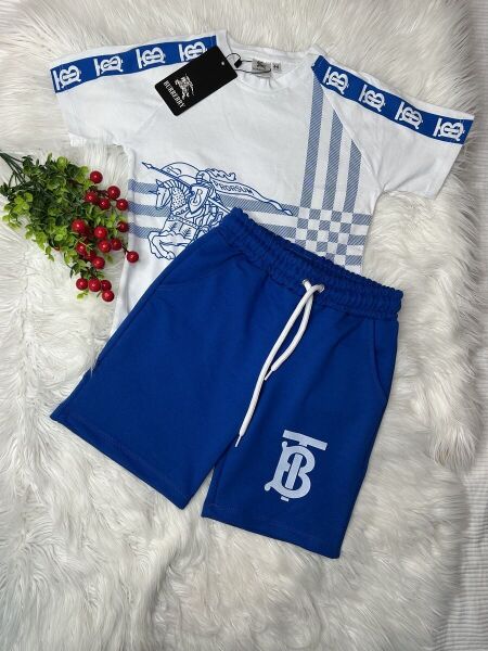 Erkek Çocuk Burbery Baskılı İkili Takım - Beyaz/Mavi