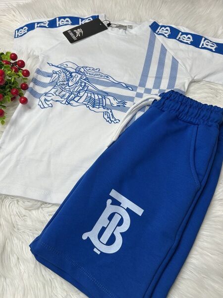 Erkek Çocuk Burbery Baskılı İkili Takım - Beyaz/Mavi