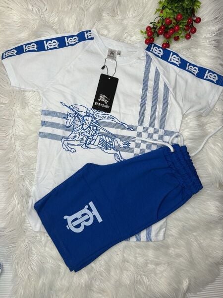 Erkek Çocuk Burbery Baskılı İkili Takım - Beyaz/Mavi