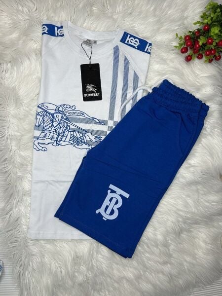 Erkek Çocuk Burbery Baskılı İkili Takım - Beyaz/Mavi