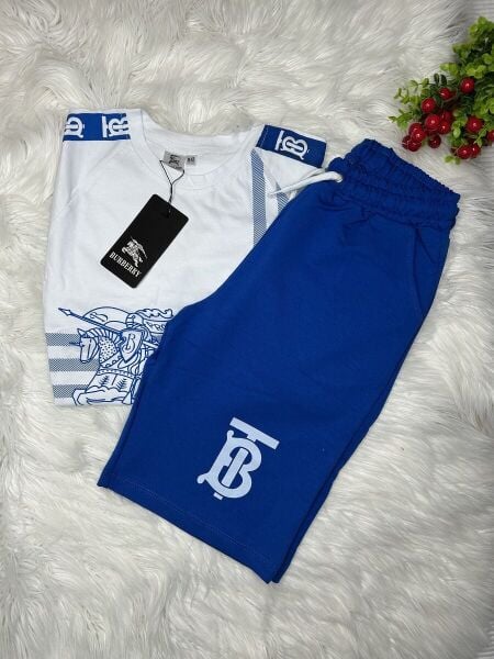 Erkek Çocuk Burbery Baskılı İkili Takım - Beyaz/Mavi