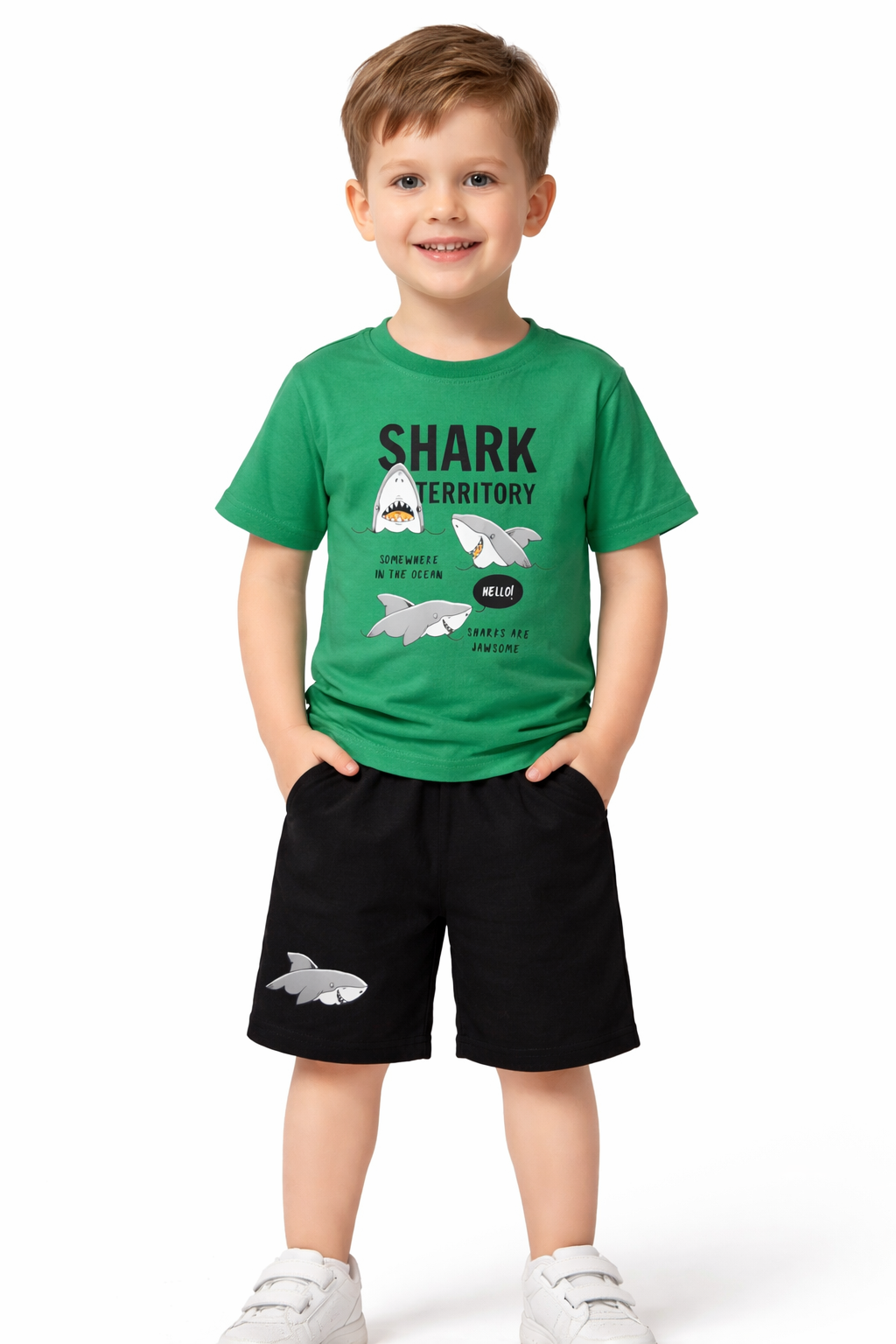 Erkek Çocuk Shark Baskılı 2’li Takım – Yeşil - Siyah