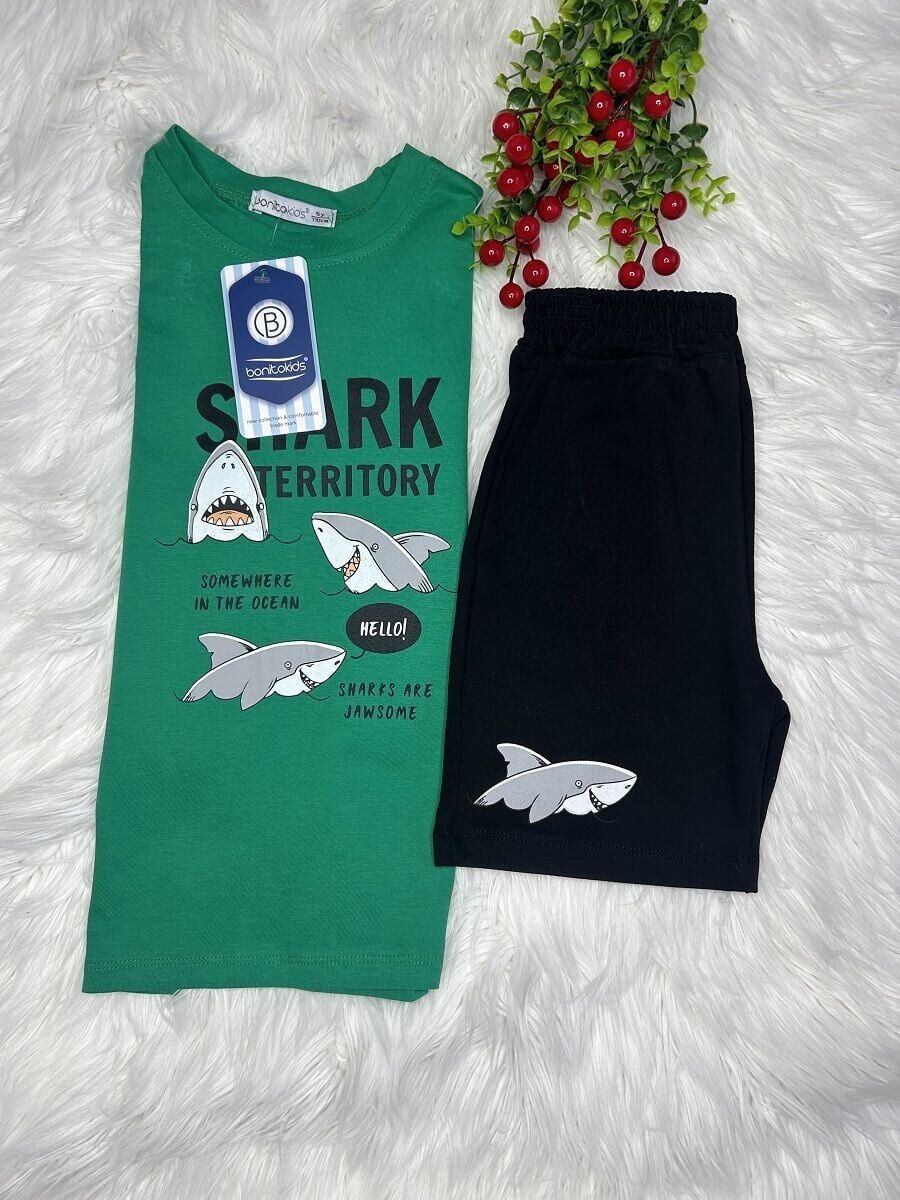 Erkek Çocuk Shark Baskılı 2’li Takım – Yeşil - Siyah