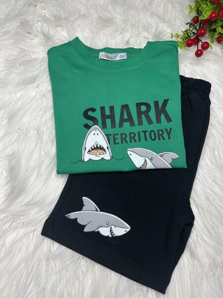 Erkek Çocuk Shark Baskılı 2’li Takım – Yeşil - Siyah