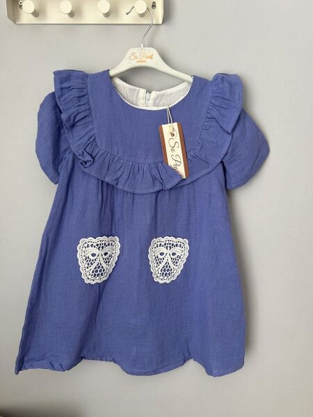 Kız Çocuk Mavi Renk Müslin Kumaş - Astarlı - Şapkalı Elbise