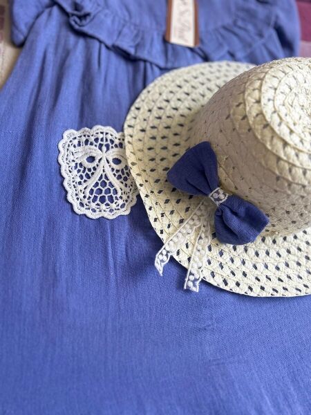 Kız Çocuk Mavi Renk Müslin Kumaş - Astarlı - Şapkalı Elbise