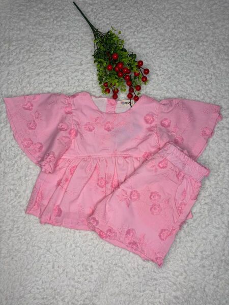 Kız Çocuk Pembe Desenli Şortlu Takım – Yazlık Rahat İkili Set